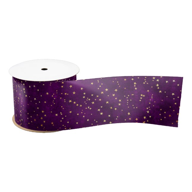 Celestial Purple & Yellow Starry Night Pattern Satinband (Spule)