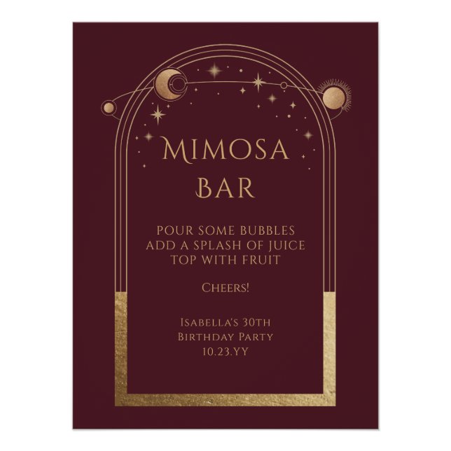 Celestial Red Gold Mimosa Bar Sun Moon Stars Poster (Vorderseite)