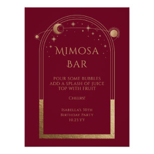 Celestial Red Gold Mimosa Bar Sun Moon Stars Poster