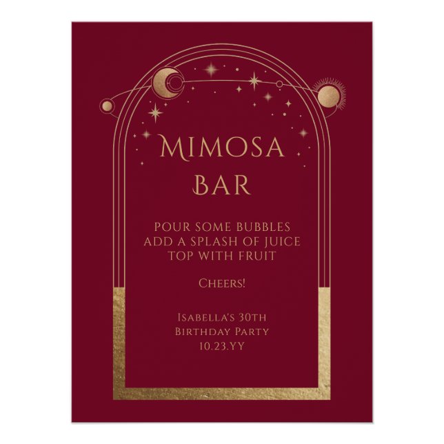 Celestial Red Gold Mimosa Bar Sun Moon Stars Poster (Vorderseite)