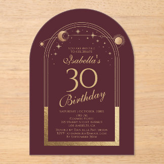 Celestial Red Gold Sun Moon Stars 30. Geburtstag Acryleinladungen