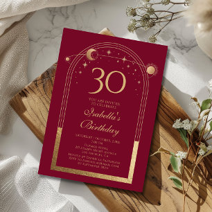 Celestial Red Gold Sun Moon Stars 30. Geburtstag Einladung