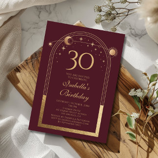 Celestial Red Gold Sun Moon Stars 30. Geburtstag Einladung