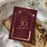Celestial Red Gold Sun Moon Stars 30. Geburtstag Einladung<br><div class="desc">Celestial Red Gold Sun Moon Astronomie 30. Geburtstag Einladungen bietet eine elegante goldene Sonne, Mond und Sterne mit einem goldenen Rahmen auf einem tiefen rosa-roten Hintergrund. Im Inneren ist Ihre individuelle Einladung zum dreißigsten Geburtstag Informationen. Personalisieren Sie den Text in den Textfeldern, indem Sie ihn bearbeiten. Für Sie entworfen von...</div>