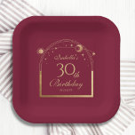 Celestial Red Gold Sun Moon Stars 30. Geburtstag Pappteller<br><div class="desc">Celestial Red Gold Sun Moon Astronomie 30. Geburtstag Papier Teller mit einer eleganten Goldsonne, Mond und Sternen mit einem goldenen Rahmen auf einem tiefrosa Hintergrund. Im Inneren finden Sie Ihre persönlichen Informationen zum dreißigsten Geburtstag. Personalisieren Sie den Text in den Textfeldern, indem Sie ihn bearbeiten. Für Sie entworfen von Evco...</div>