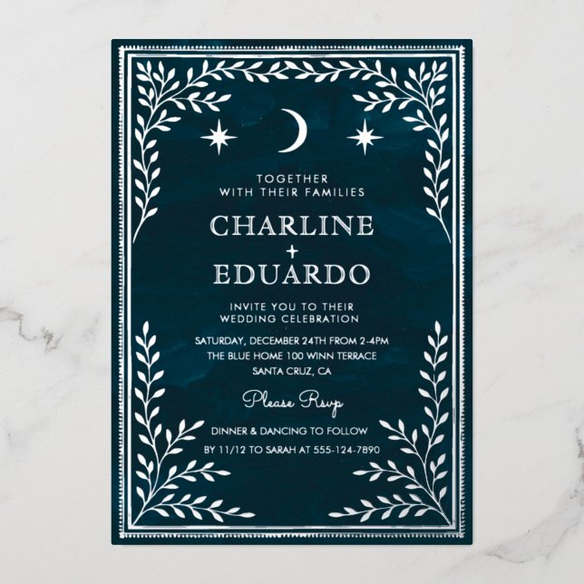 Celestial Silver Foil Gothic Wedding Einladung wi (Vorderseite)