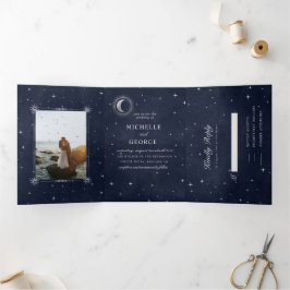 Celestial Silver Moon Tri Fold Wedding Einladung