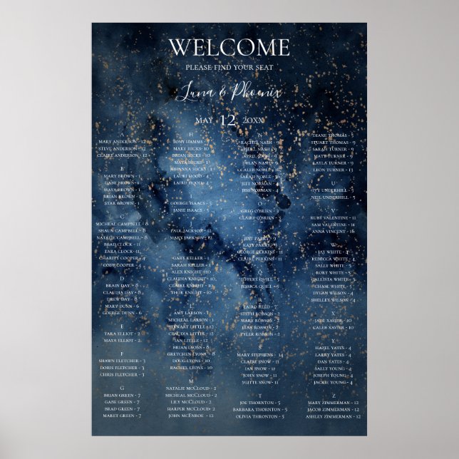 Celestial Sky | Gold Alphabetischer Sitzplan Poster (Vorne)
