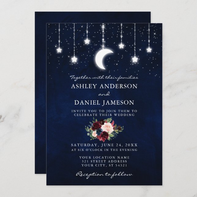 Celestial Sky Moon Stars Floral Lights Foto Einladung (Vorne/Hinten)