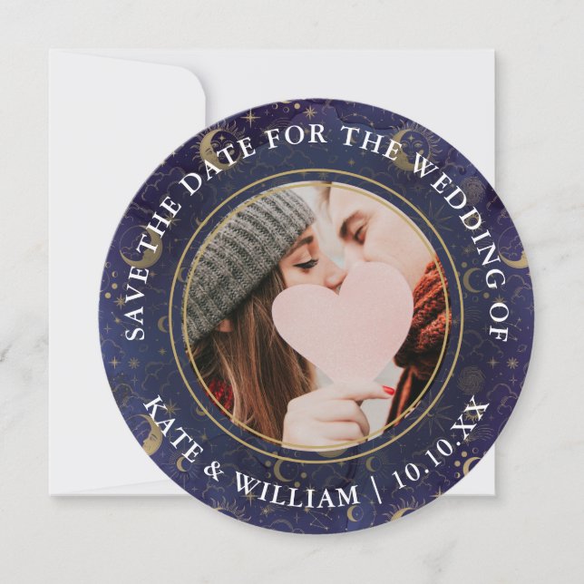 Celestial Spiritual Gold Stars Moon Stars Hochzeit Save The Date (Vorderseite)