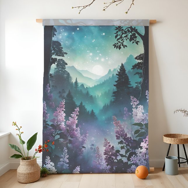 Celestial Spring Dreamy Lilac Floral Landschaft Seidenpapier (Celestial Spring tissue paper featuring a dreamy lilac floral landscape beneath stars and full moon.)