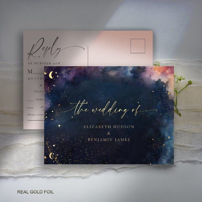 Celestial Star Midnight Blue Wedding Gold Reputati Folie Einladungspostkarte (celestial wedding RSVP gold foil watercolor starry night sky galaxy universe astrology navy blue)