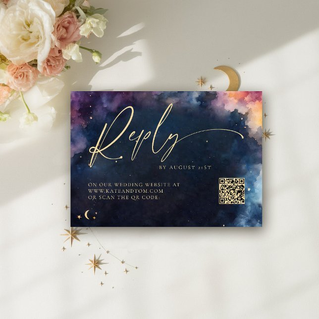 Celestial Star Midnight Blue Wedding QR Replik Car (celestial wedding rsvp card qr code cosmic watercolor starry night sky galaxy universe navy blue )