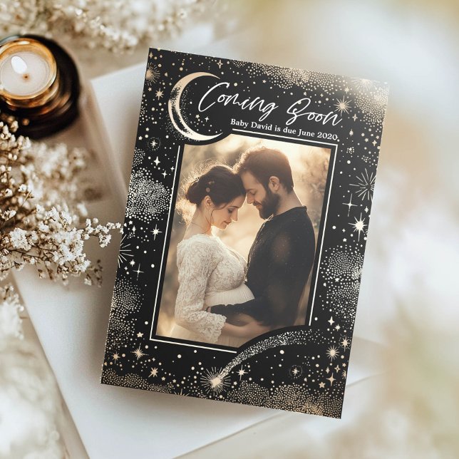 Celestial Starry Night Coming Bald Foto Schwangers Ankündigung (Stars Pregnancy Announcement Photo Card Coming Soon)
