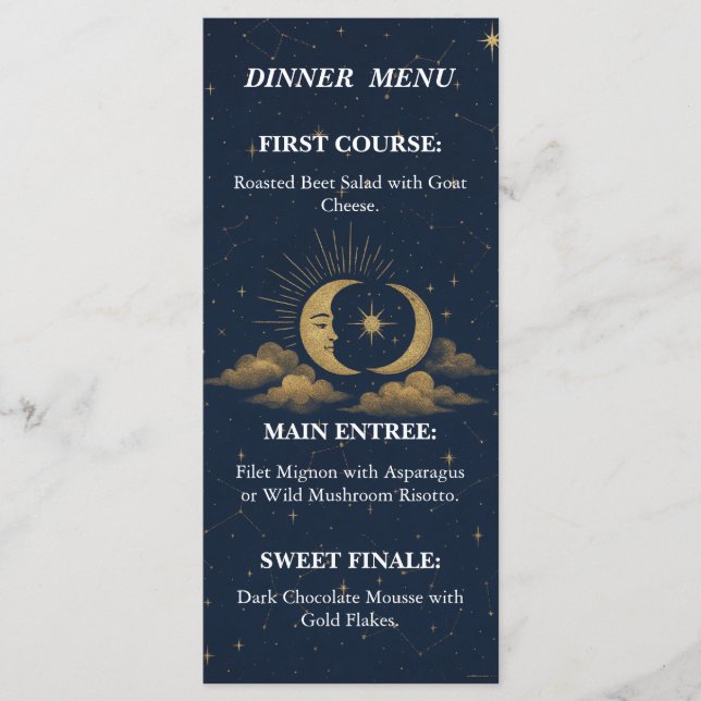 Celestial Starry Night Gold Moon Wedding Menu Menükarte (Vorderseite)