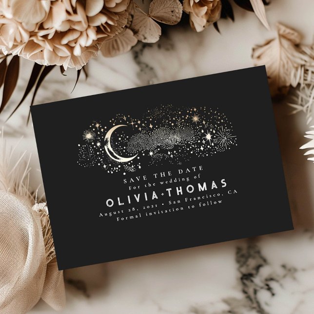Celestial Starry Night Moon Save the Date schwarz (Save the Date Celestial Card)