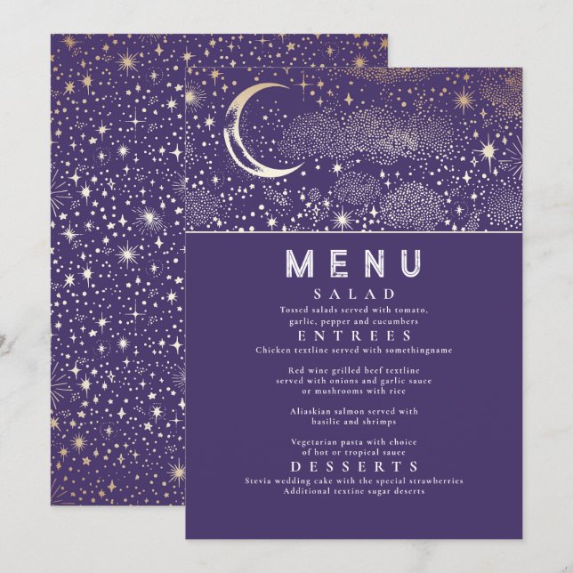 Celestial Starry Night Moon Wedding Menu Einladung (Vorne/Hinten)