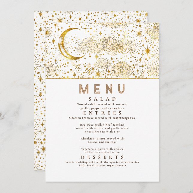 Celestial Starry Night Moon Wedding Menu Einladung (Vorne/Hinten)