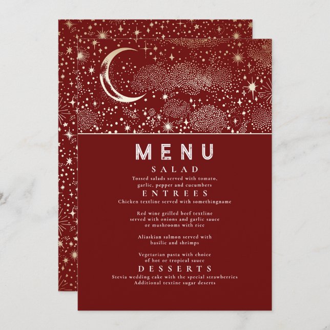Celestial Starry Night Moon Wedding Menu Einladung (Vorne/Hinten)