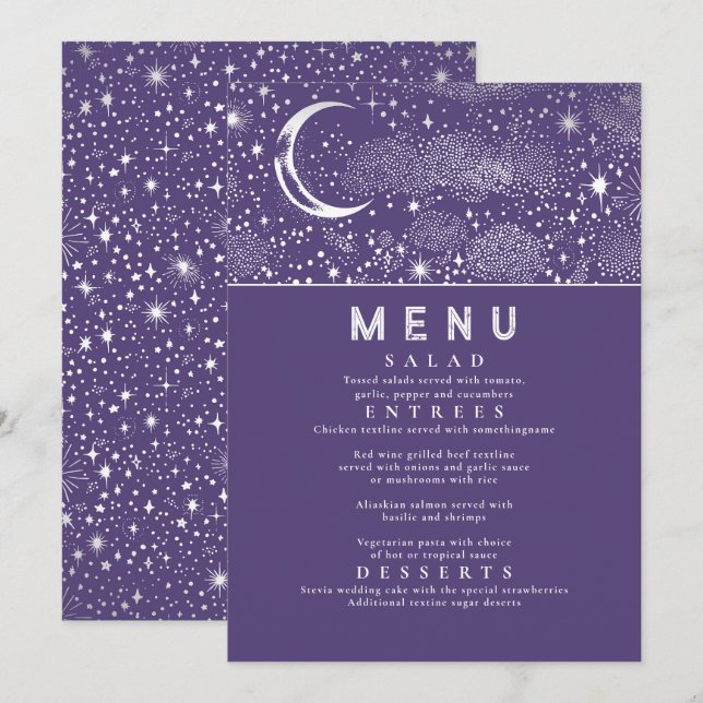 Celestial Starry Night Moon Wedding Menu Einladung (Vorne/Hinten)