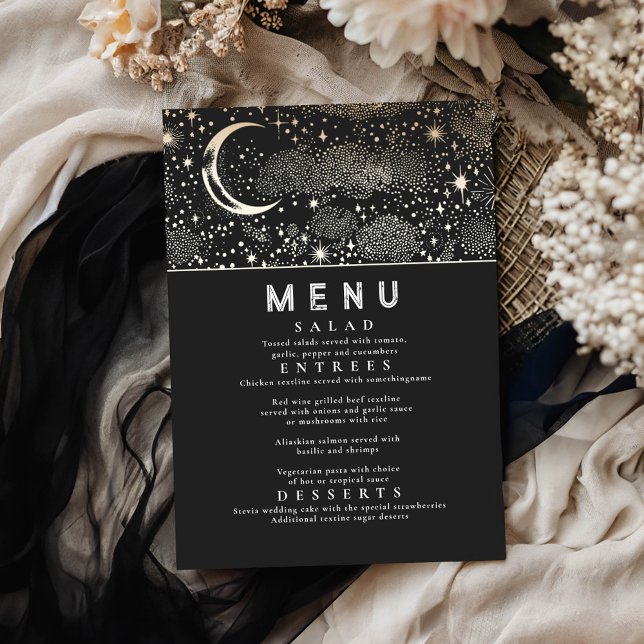 Celestial Starry Night Moon Wedding Menu Einladung (Celestial Black Menu Cards)