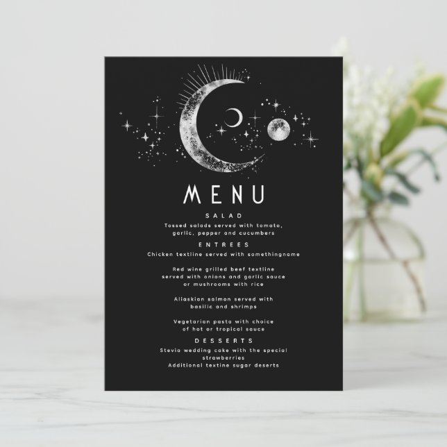 Celestial Starry Night Moon Wedding Menu Einladung (Stehend Vorderseite)