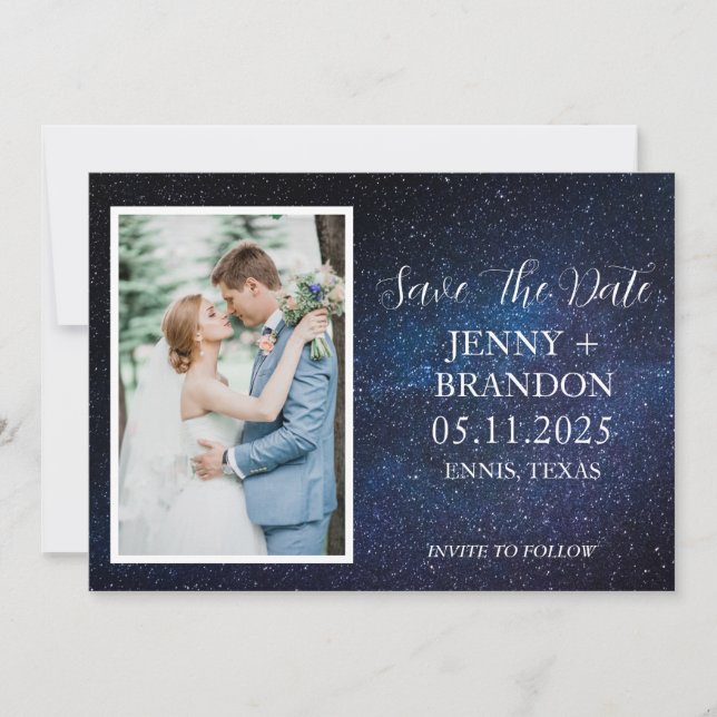 Celestial Starry Night Sky Galaxy Foto Romantisch Save The Date (Vorderseite)