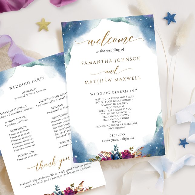 Celestial, Starry Night Watercolor Wedding Program (Von Creator hochgeladen)