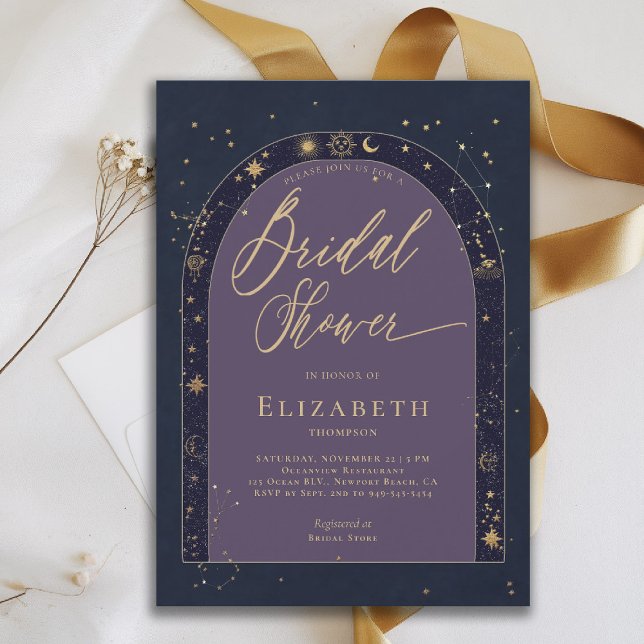 Celestial Starry Night Zodiac Planet Brautparty Einladung (celestial bridal shower invitation zodiac signs astrology map universe bespoke navy blue purple)