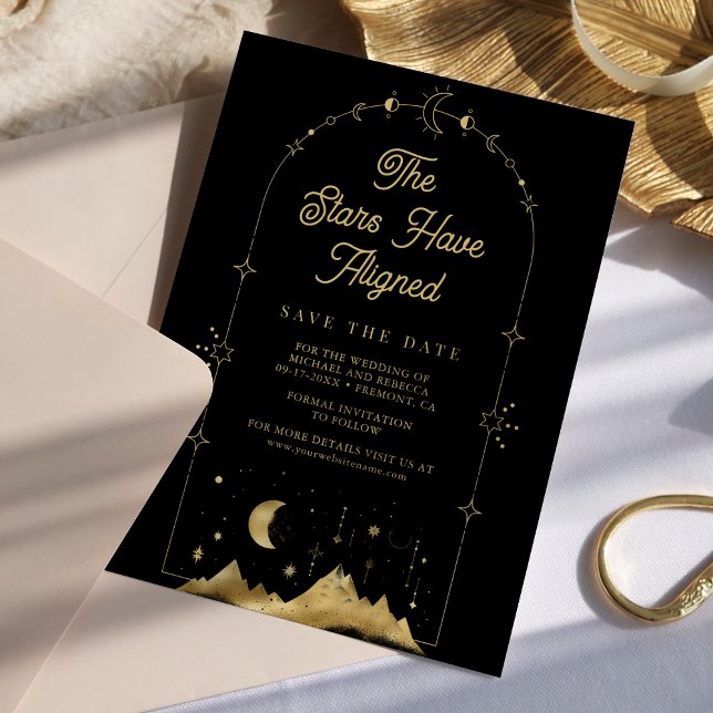 Celestial Stars Black Gold Crescent Moon Wedding Save The Date (Von Creator hochgeladen)