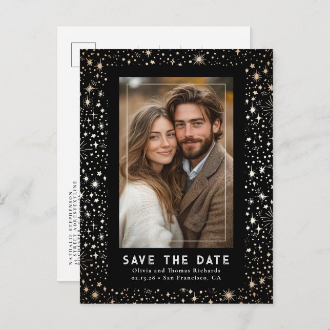 Celestial Stars Black Wedding Save the Date Foto Ankündigungspostkarte (Vorne/Hinten)