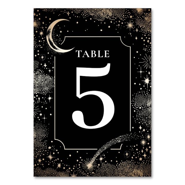 Celestial Stars Black Wedding Tischnummer Card (Vorderseite)