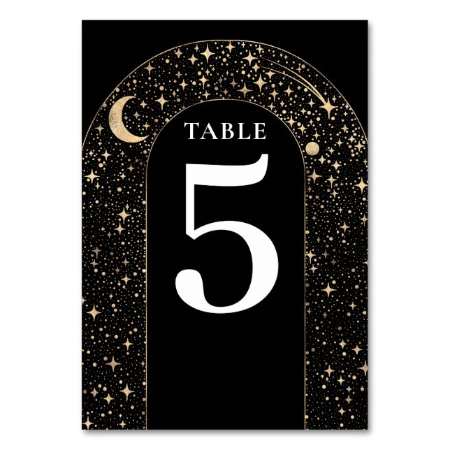 Celestial Stars Black Wedding Tischnummer Card (Vorderseite)