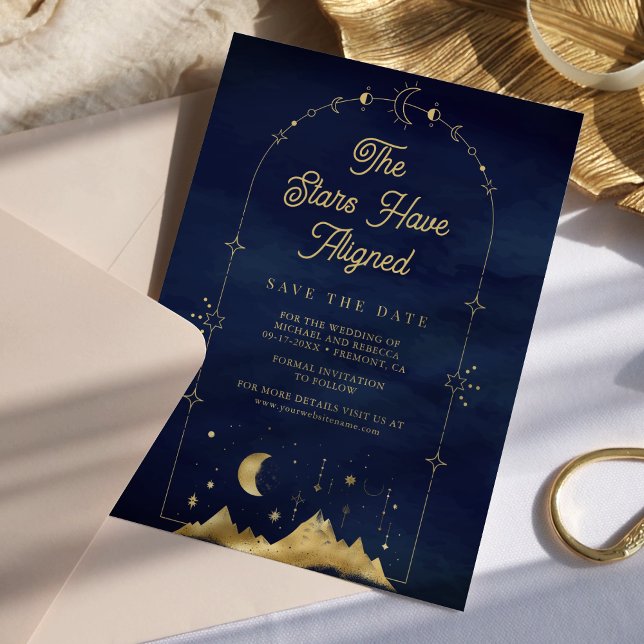 Celestial Stars Blue Gold Crescent Moon Wedding Save The Date (Von Creator hochgeladen)