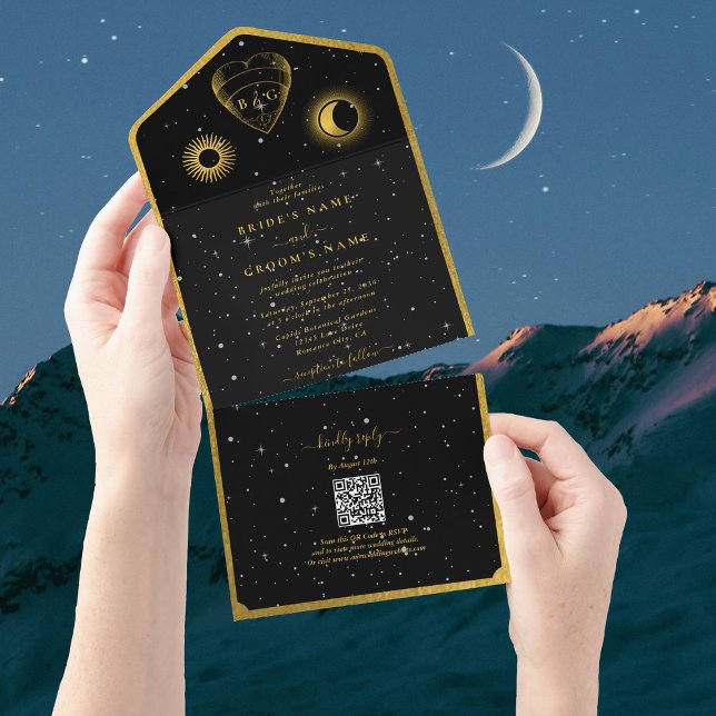 Celestial Stars Crescent Moon Black Gold Wedding All In One Einladung (Celestial Stars Crescent Moon Black Gold Wedding All In One Invitation)