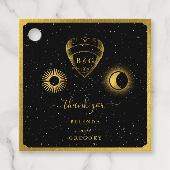 Celestial Stars Crescent Moon Black Gold Wedding Geschenkanhänger (Vorderseite)