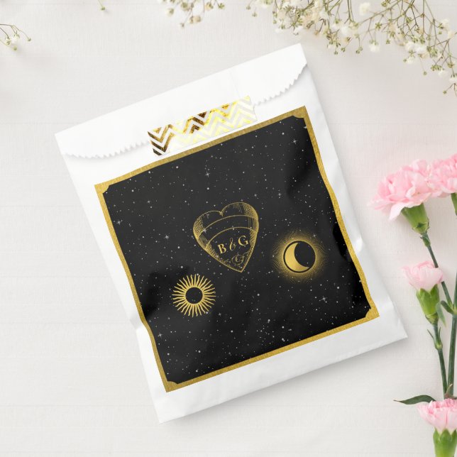 Celestial Stars Crescent Moon Black Gold Wedding Geschenktütchen (Versiegelt)