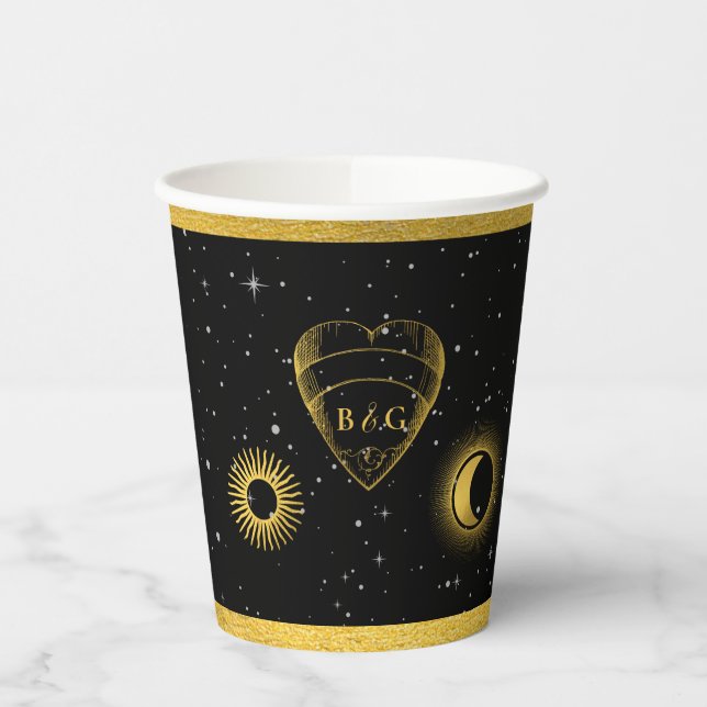 Celestial Stars Crescent Moon Black Gold Wedding Pappbecher (Links)