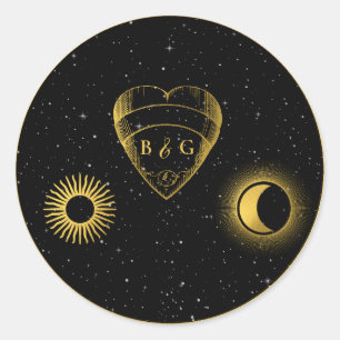 Celestial Stars Crescent Moon Black Gold Wedding Runder Aufkleber