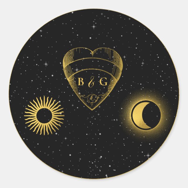 Celestial Stars Crescent Moon Black Gold Wedding Runder Aufkleber (Vorderseite)