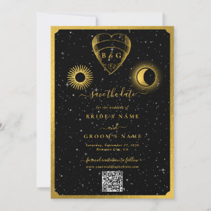 Celestial Stars Crescent Moon Black Gold Wedding Save The Date