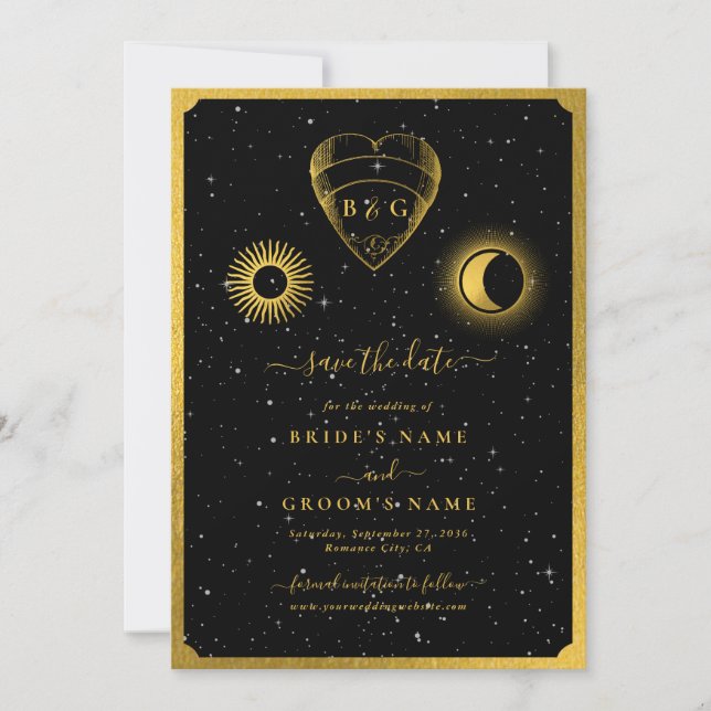 Celestial Stars Crescent Moon Black Gold Wedding Save The Date (Vorderseite)