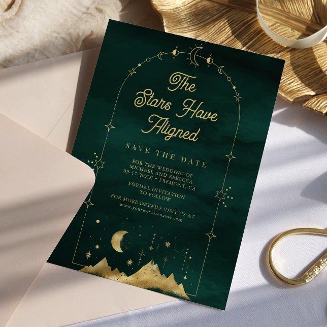 Celestial Stars Emerald Gold Crescent Moon Wedding Save The Date (Von Creator hochgeladen)