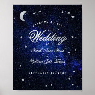 Celestial Stars & Moon Blue Wedding Willkommenszei Poster