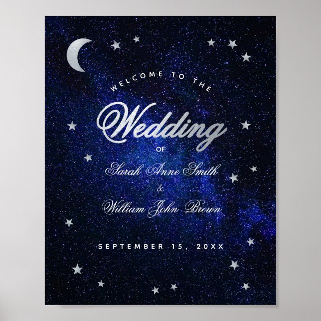 Celestial Stars & Moon Blue Wedding Willkommenszei Poster (Vorne)