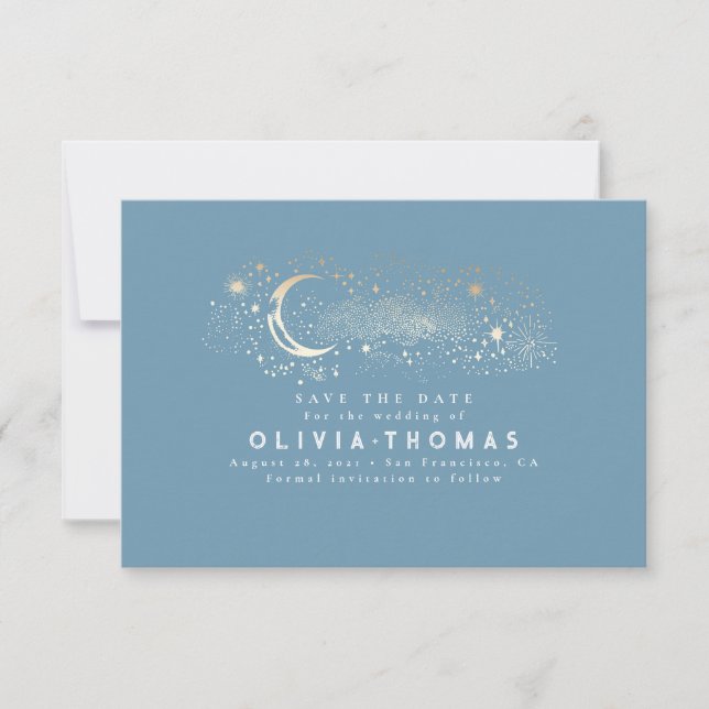 Celestial Stars Moon Dusty Blue Save the Date (Vorderseite)
