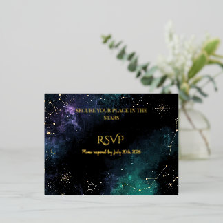 Celestial Stars | Navy/Teal Gold Wedding RSVP card Folien Feiertagspostkarte