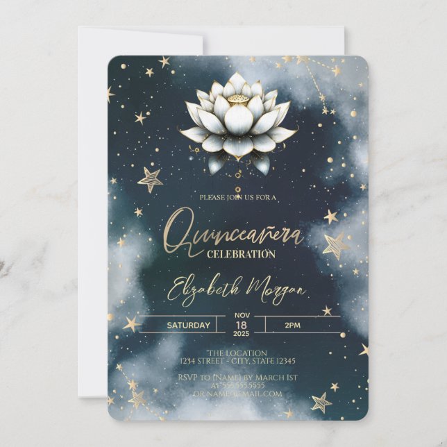 Celestial Stars White Lotus Sky Quinceanera Einladung (Vorderseite)