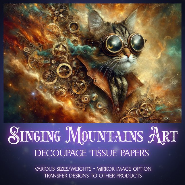 Celestial Steampunk Cat Time Voyage Decoupage Seidenpapier (Von Creator hochgeladen)