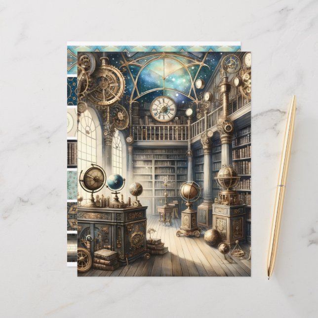 Celestial Steampunk Library Scrapbook Paper (Vorderseite/Rückseite Beispiel)